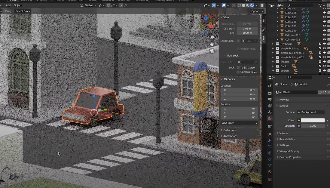 Blender's screenshot creating a street view with cars and buildings