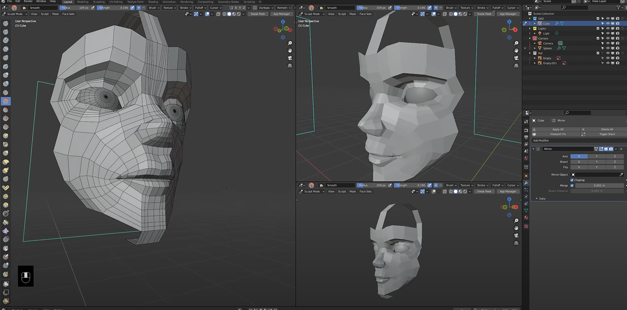 Computer screen with Polygonal Modeling for creating a human face